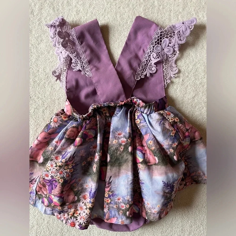 Toddler romper, rich purple and Easter bunny design. 2/3T - Picture 5 of 10
